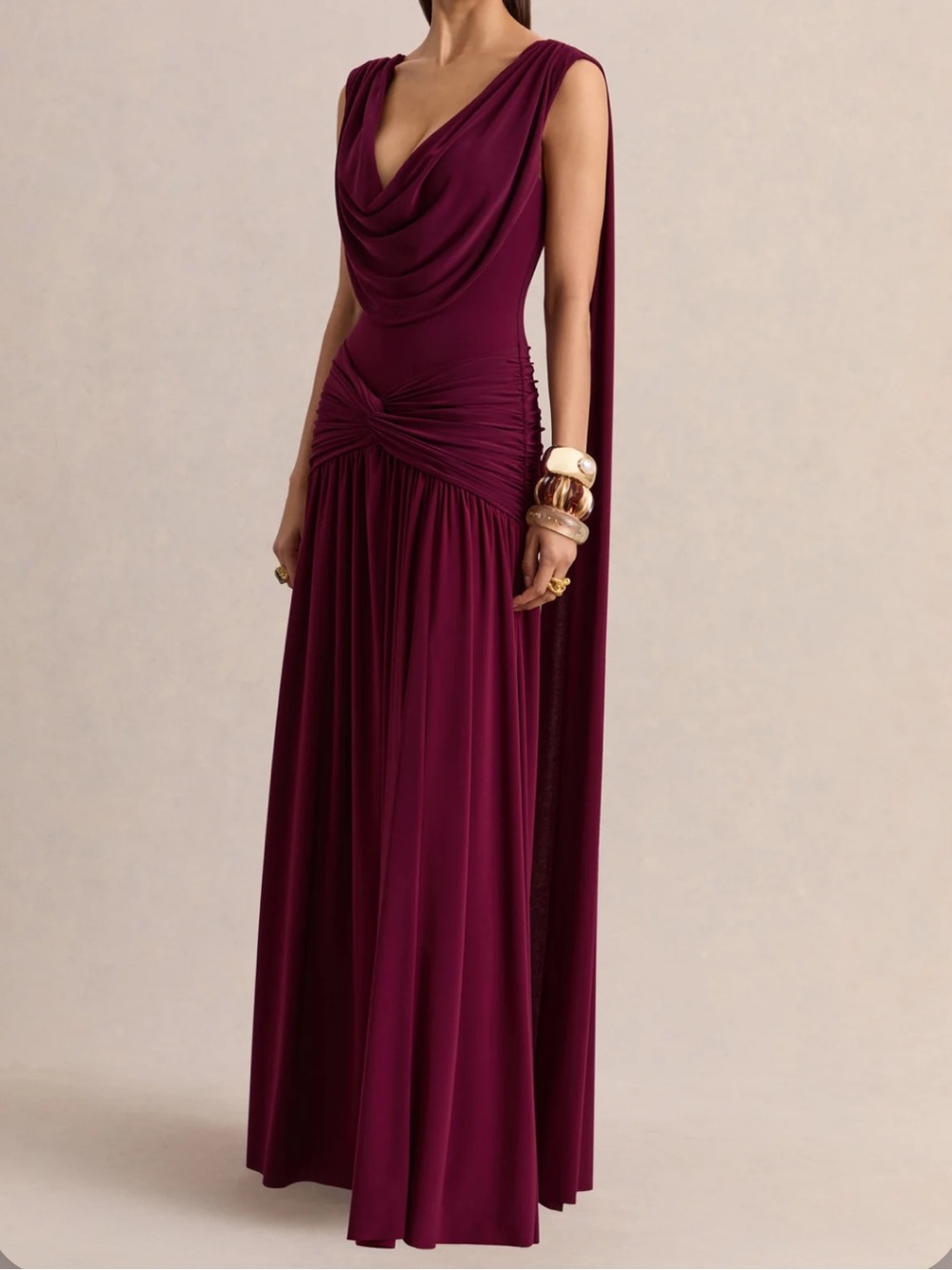 NWT Club L London - Amelisse Plunge-Neck Maxi Dress with Ruched-Detailing